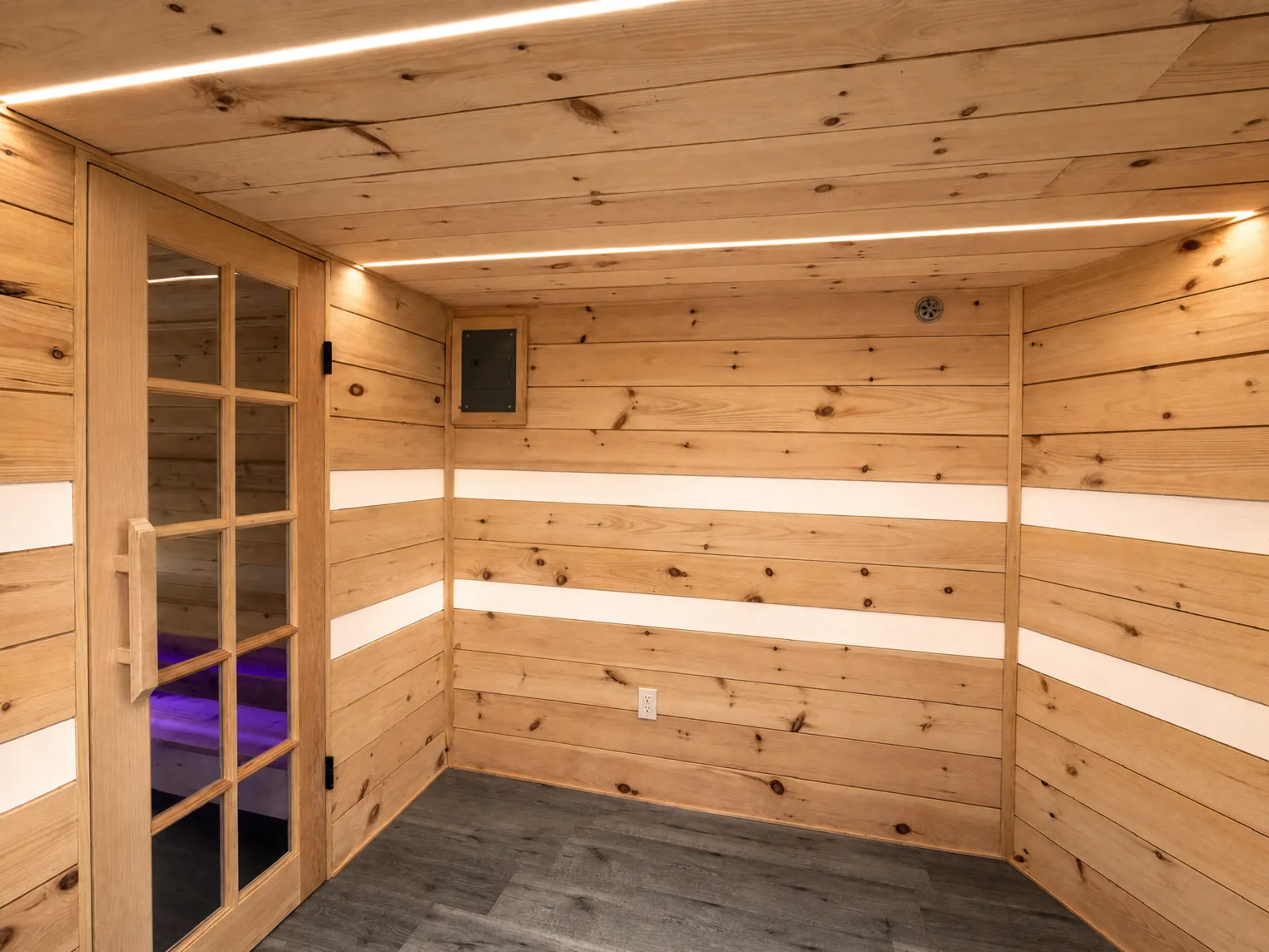 Cedar-lined entry with the glass sauna door