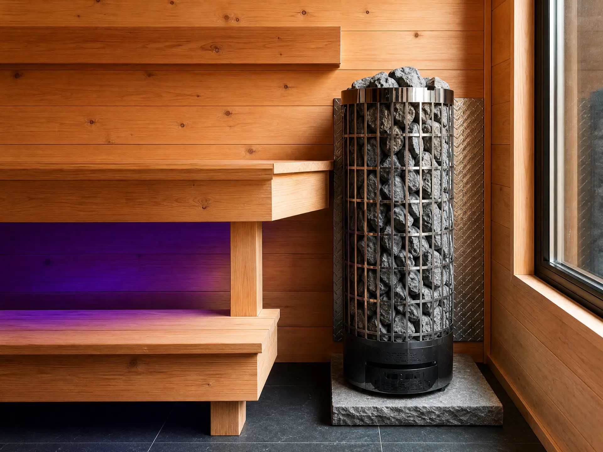 Stone-filled sauna heater beside natural cedar walls